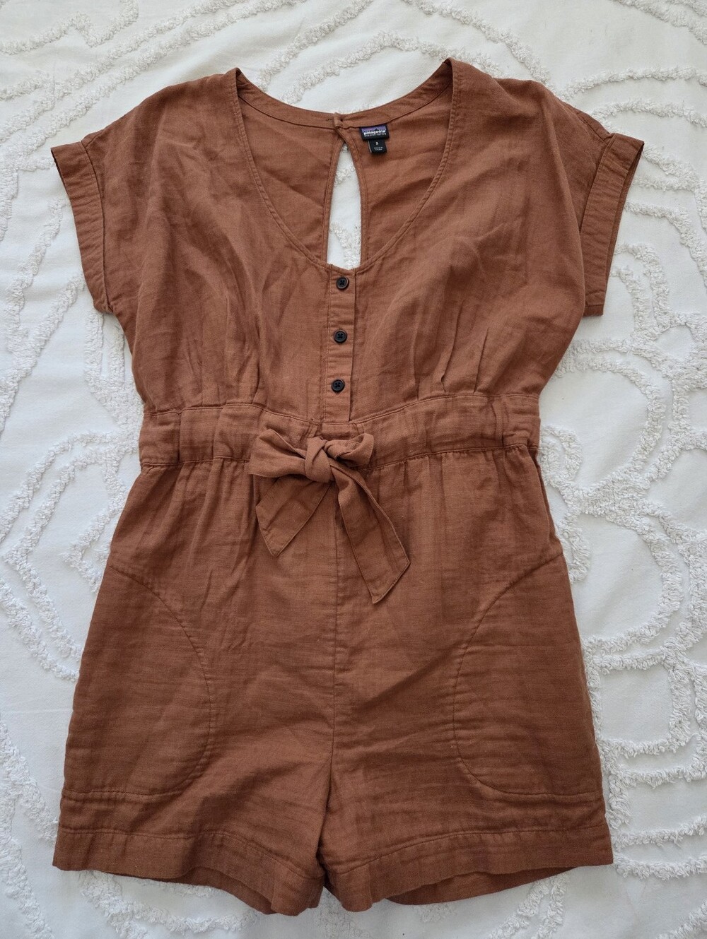 Patagonia Organic Cotton Gauze Romper S Small Earthworm Brown Open Back Boho